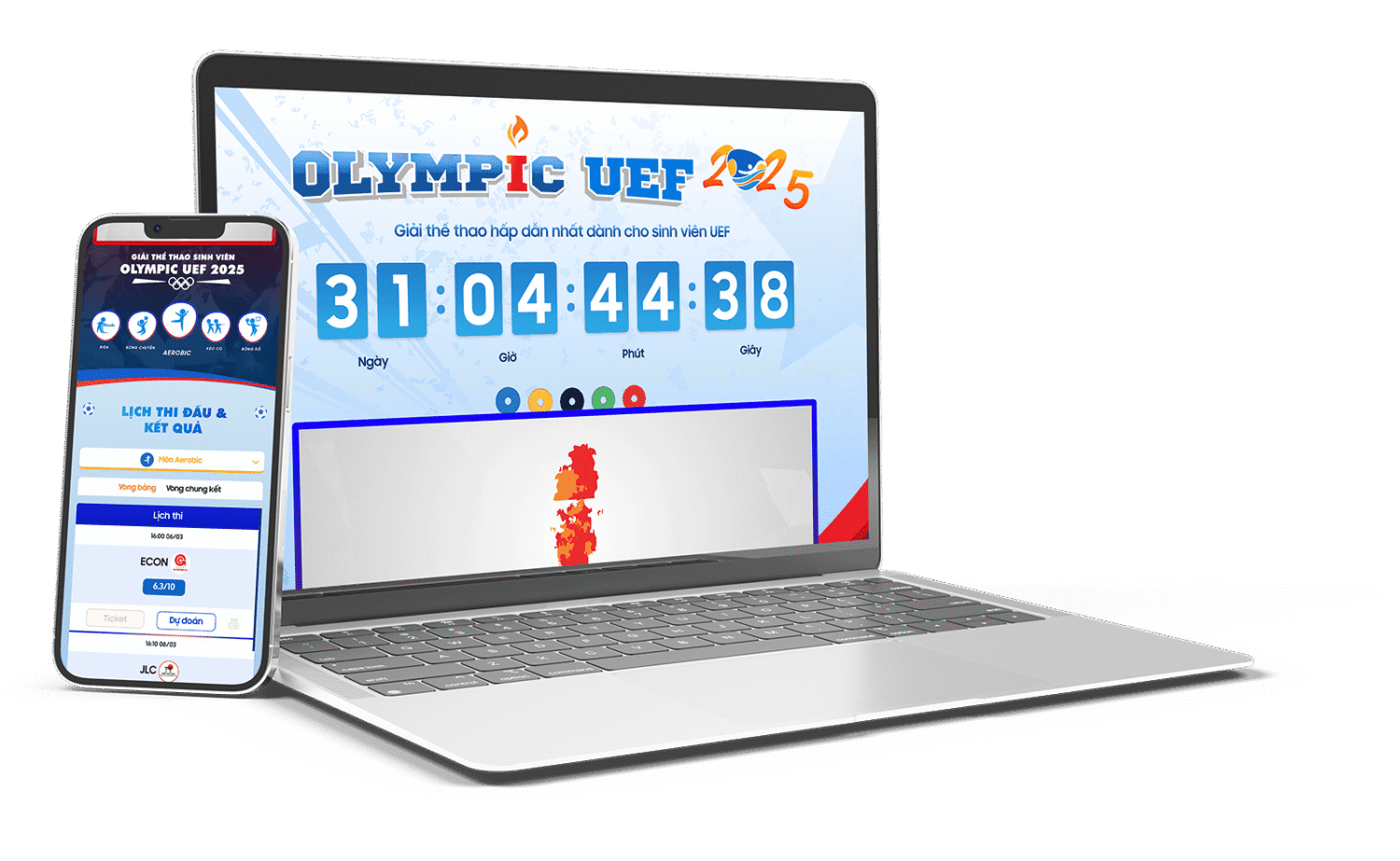 Giao diện website Olympic UEF 2025 do Bình Dương Digital thiết kế, hiển thị trên laptop và điện thoại