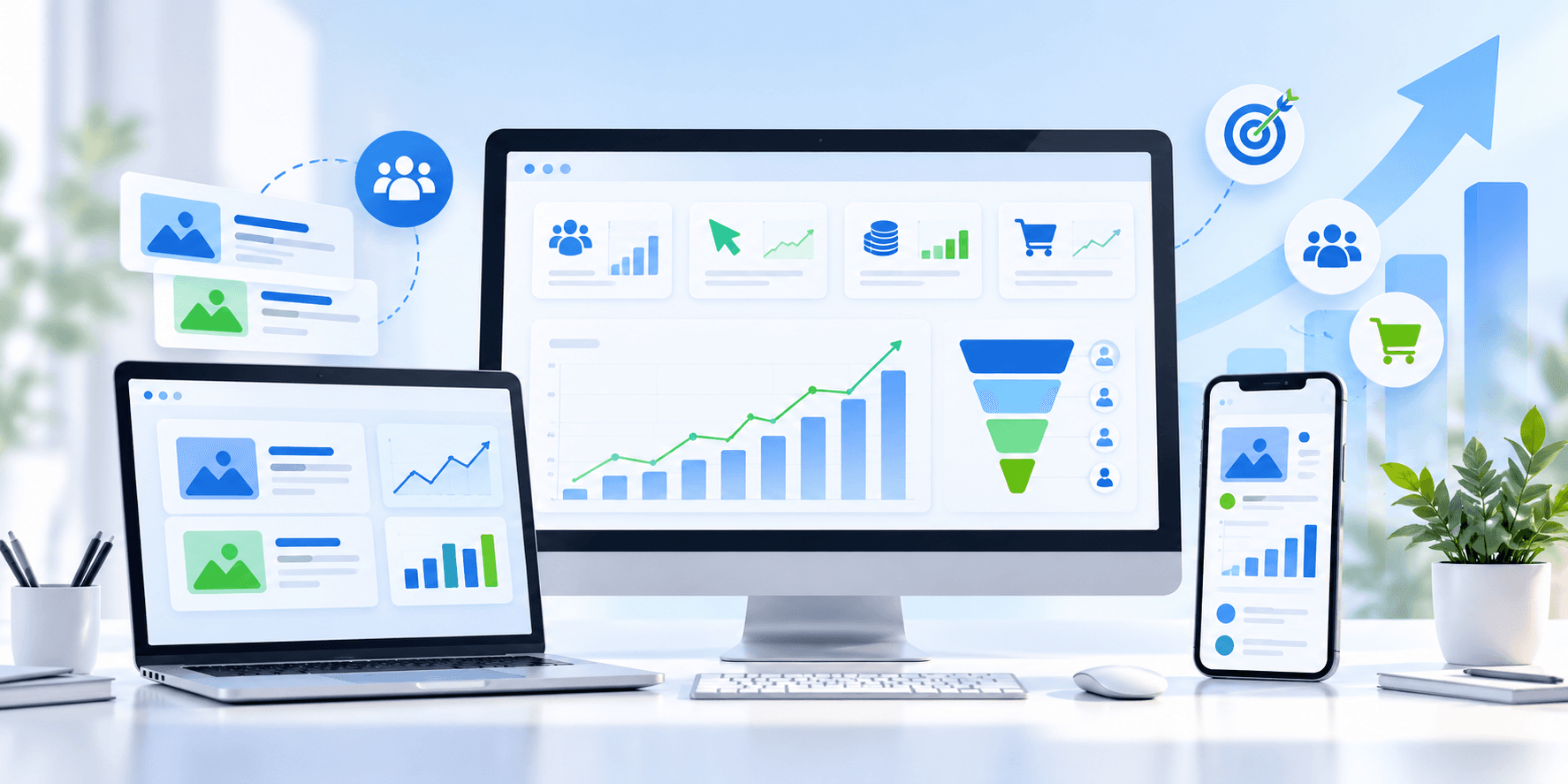 Dashboard quảng cáo trực tuyến không logo với biểu đồ tăng trưởng và phễu chuyển đổi