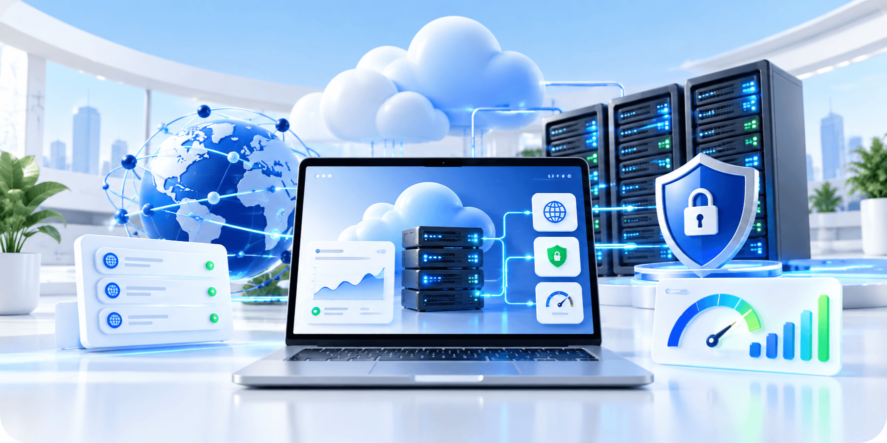 Hạ tầng hosting và domain bảo mật với máy chủ cloud, tên miền và biểu đồ hiệu suất